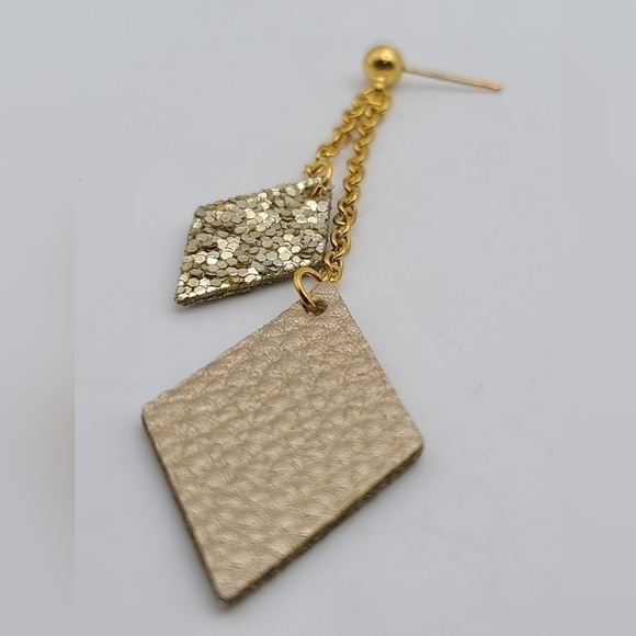 VEGAN Leather Dangle Post Earrings In Gold And Metallic Cream - Picture 5 of 10